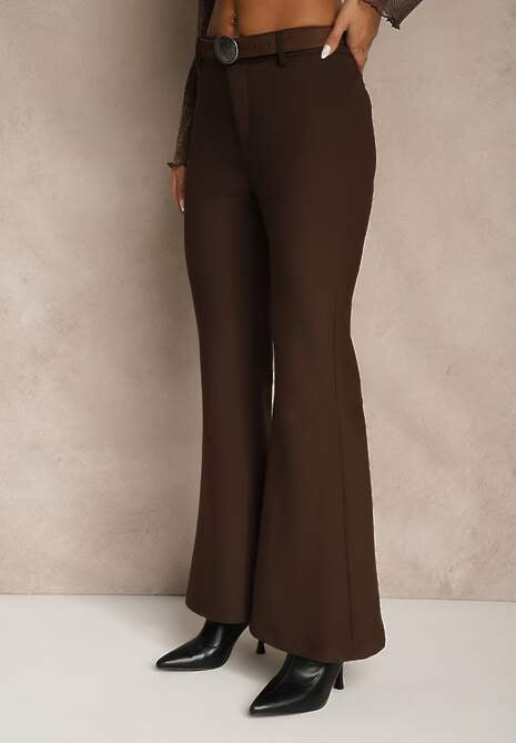 Brązowe Wiskozowe Spodnie Dzwony z Bawełną High Waist z Paskiem Lidassa 4