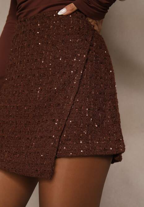 Brązowe Cekinowe Spódnico-Szorty z Wełną Fedalia 5