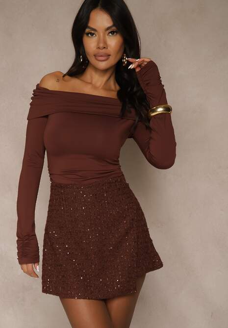 Brązowe Cekinowe Spódnico-Szorty z Wełną Fedalia