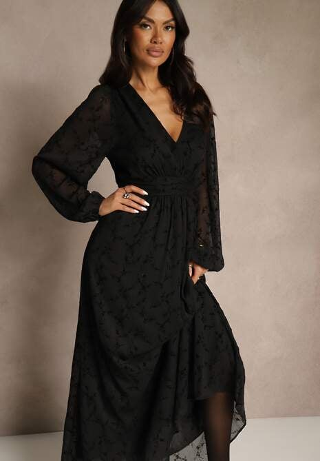 Czarna Rozkloszowana Sukienka z Siateczki w Kwiatowy Wzór Fezuna 4