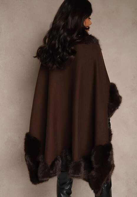 Brązowe Ponczo z Wiskozą Wełną i Futerkiem Mevicia 4