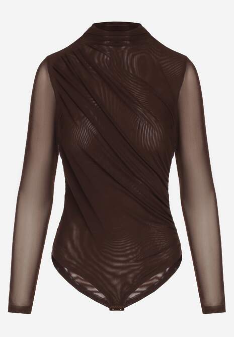 Brązowe Body Longsleeve ze Stójką z Siateczki z Domieszką Wiskozy Liravia 6