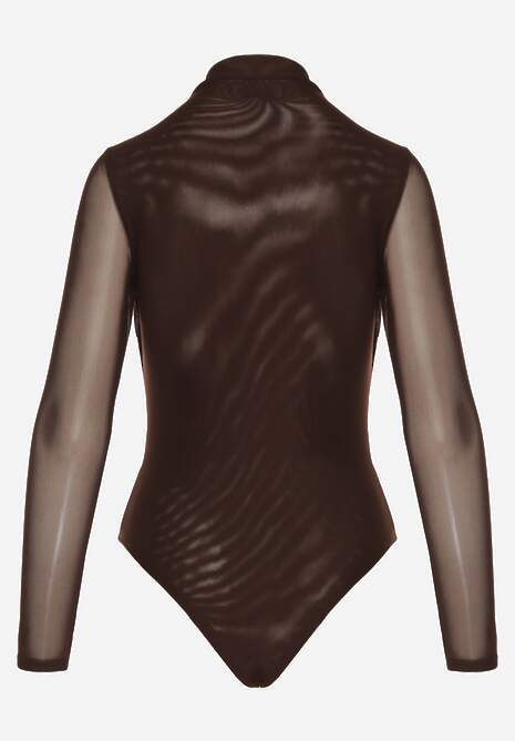 Brązowe Body Longsleeve ze Stójką z Siateczki z Domieszką Wiskozy Liravia 7