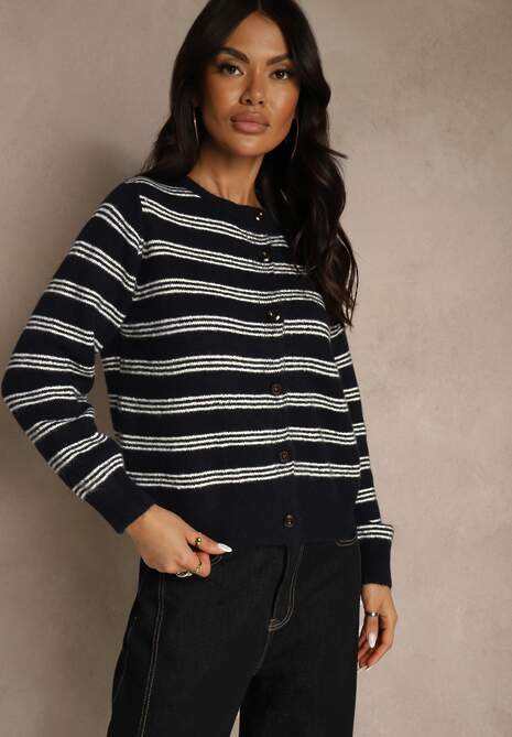 Granatowy Kardigan z Dodatkiem Wełny Zdobiony Wzorem w Paski i Narzutką Fedira 4