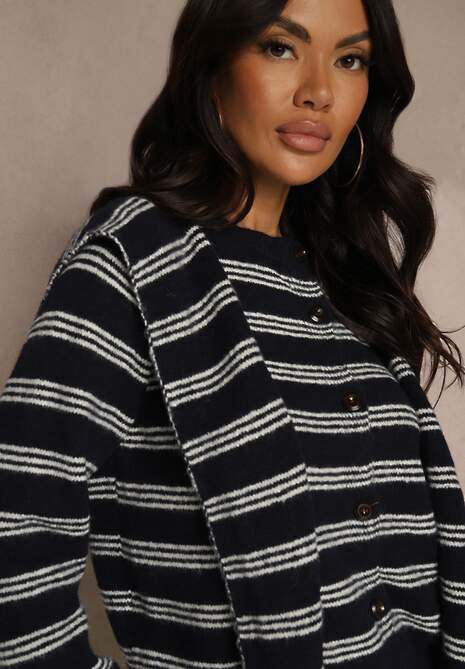 Granatowy Kardigan z Dodatkiem Wełny Zdobiony Wzorem w Paski i Narzutką Fedira 5