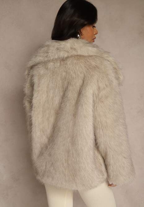 Beżowa Dwurzędowa Kurtka Futerko Oversize Nenalla 4