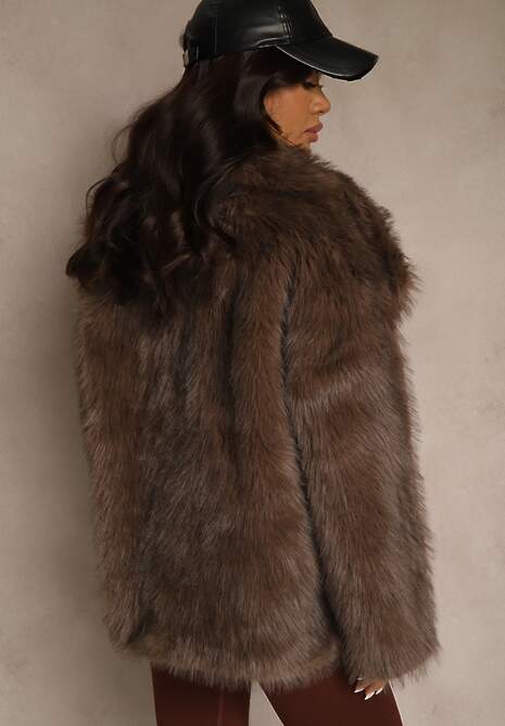 Brązowa Dwurzędowa Kurtka Futerko Oversize Nenalla 4