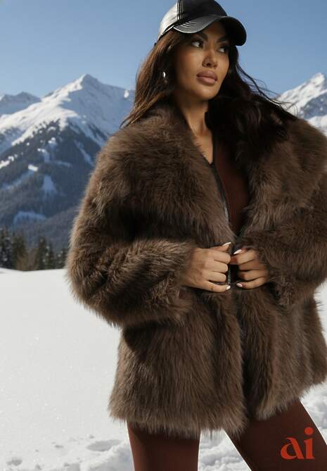 Brązowa Dwurzędowa Kurtka Futerko Oversize Nenalla