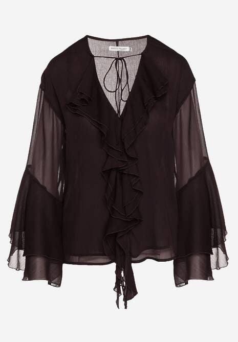 Brązowa Rustykalna Bluzka Zdobiona Falbankami i Wiązaniem przy Dekolcie Nerianna 6