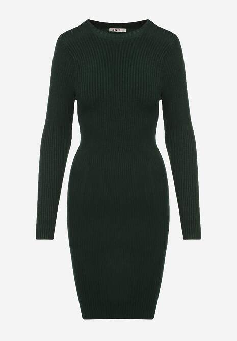 Ciemnozielona Prążkowana Sukienka z Dzianiny z Bawełną o Dopasowanym Kroju Tesoria 6