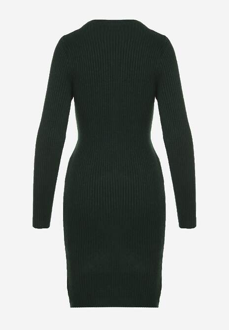 Ciemnozielona Prążkowana Sukienka z Dzianiny z Bawełną o Dopasowanym Kroju Tesoria 7
