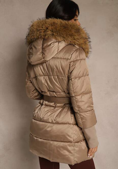 Ciemnobeżowa Pikowana Kurtka z Paskiem i Kapturem z Futerkiem Lilittia 4