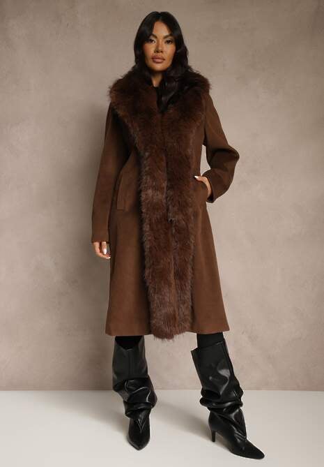 Brązowy Płaszcz z Odpinanym Futerkiem Lillvana 4