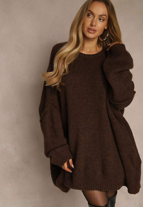 Brązowy Sweter Oversize z Wełną i Wiskozą Fedolina