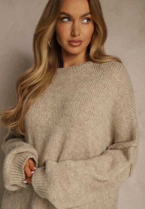 Beżowy Sweter Oversize z Wełną i Wiskozą Fedolina 5