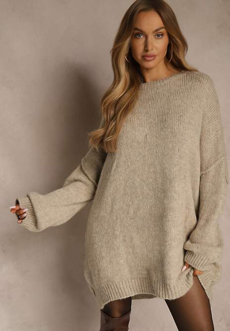 Beżowy Sweter Oversize z Wełną i Wiskozą Fedolina