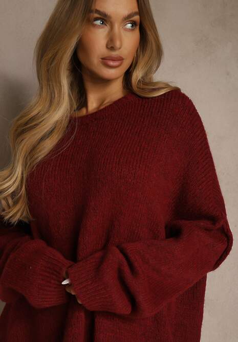 Bordowy Sweter Oversize z Wełną i Wiskozą Fedolina 5