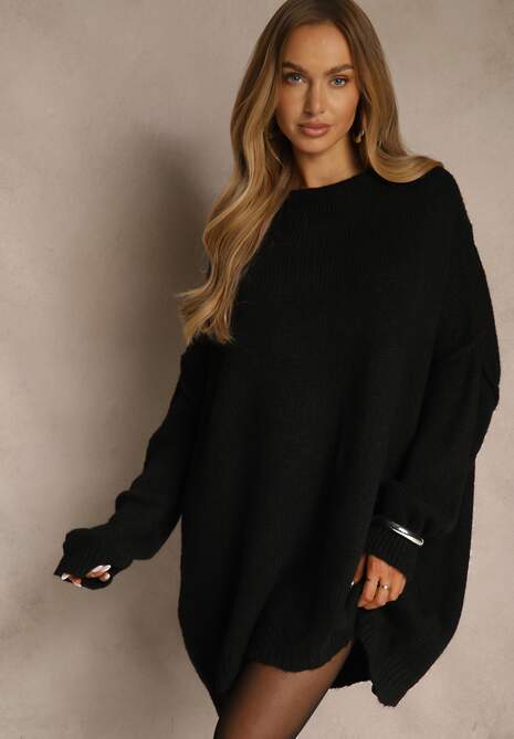 Czarny Sweter Oversize z Wełną i Wiskozą Fedolina