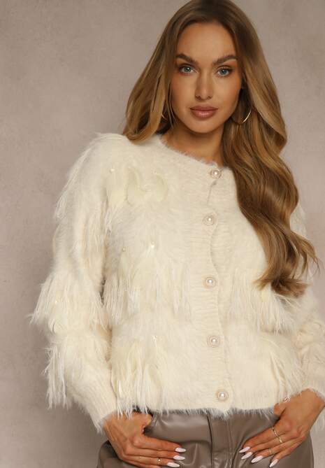 Beżowy Kardigan w Eleganckim Stylu z Imitacją Piór i Perłowymi Guzikami Nessea 4