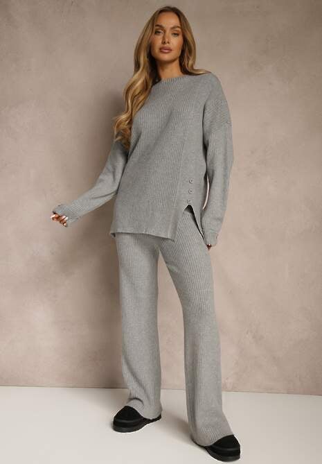 Ciemnoszary Komplet z Wełną i Bawełną Sweter z Guzikami i Szerokie Spodnie Reinelia