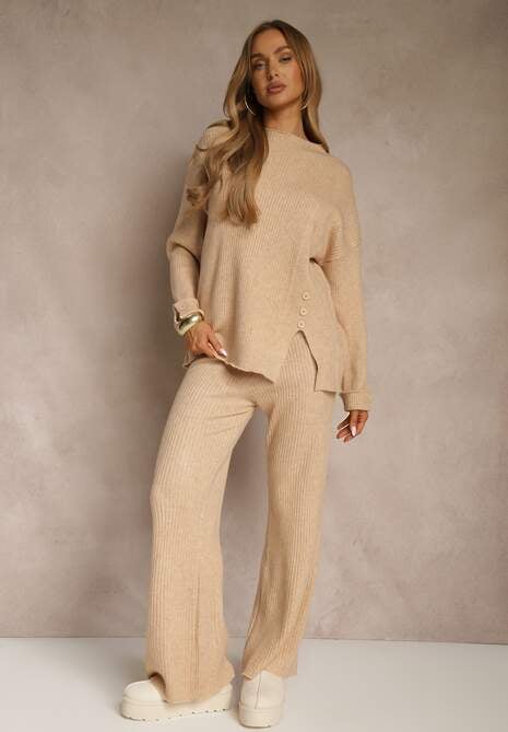 Beżowy Komplet z Wełną i Bawełną Sweter z Guzikami i Szerokie Spodnie Reinelia