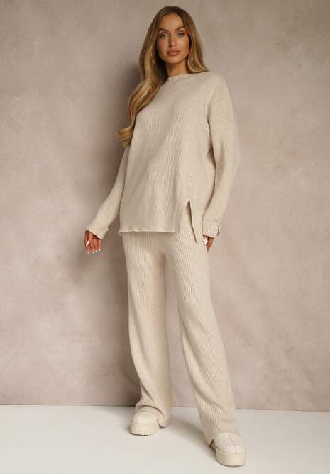 Jasnobeżowy Komplet z Wełną i Bawełną Sweter z Guzikami i Szerokie Spodnie Reinelia