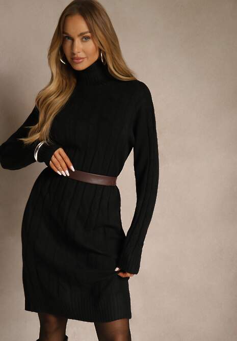 Czarna Sukienka Sweterkowa z Golfem Wełną  Bawełną i Ozdobnym Splotem Reilenea 4
