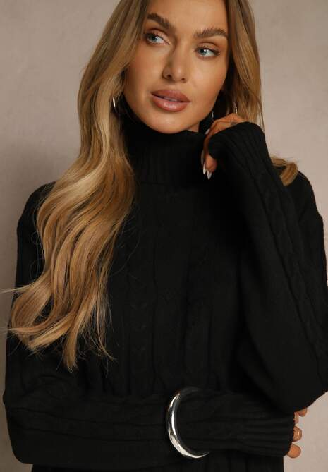 Czarna Sukienka Sweterkowa z Golfem Wełną  Bawełną i Ozdobnym Splotem Reilenea 5