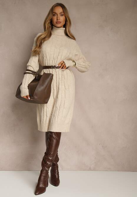 Jasnobeżowa Sukienka Sweterkowa z Golfem Wełną  Bawełną i Ozdobnym Splotem Reilenea 4