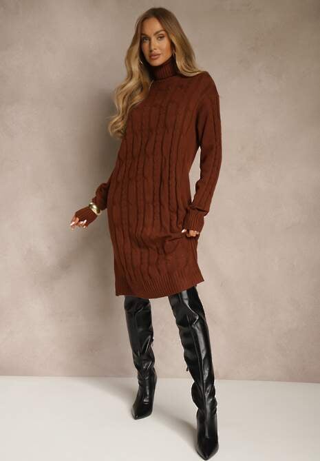Jasnobrązowa Sukienka Sweterkowa z Golfem Wełną  Bawełną i Ozdobnym Splotem Reilenea 4