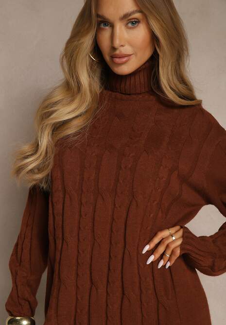 Jasnobrązowa Sukienka Sweterkowa z Golfem Wełną  Bawełną i Ozdobnym Splotem Reilenea 5