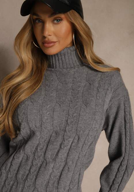 Szara Sukienka Sweterkowa z Golfem Wełną  Bawełną i Ozdobnym Splotem Reilenea 5