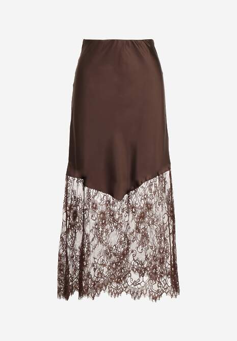 Brązowa Koktajlowa Spódnica z Satyny z Koronką Avelori 6