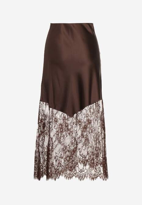 Brązowa Koktajlowa Spódnica z Satyny z Koronką Avelori 7