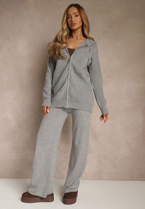 Ciemnoszary Komplet z Wełną i Bawełną Rozpinana Bluza z Kapturem i Szerokie Spodnie Reisema 4