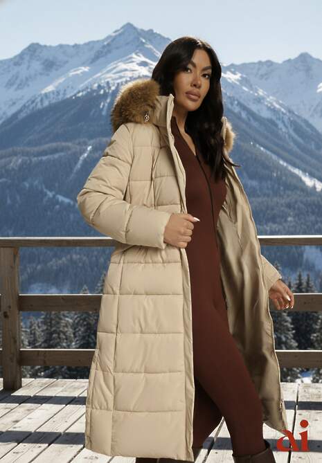 Beżowa Pikowana Kurtka o Długim Kroju z Paskiem i Kapturem z Futrem Aveslia