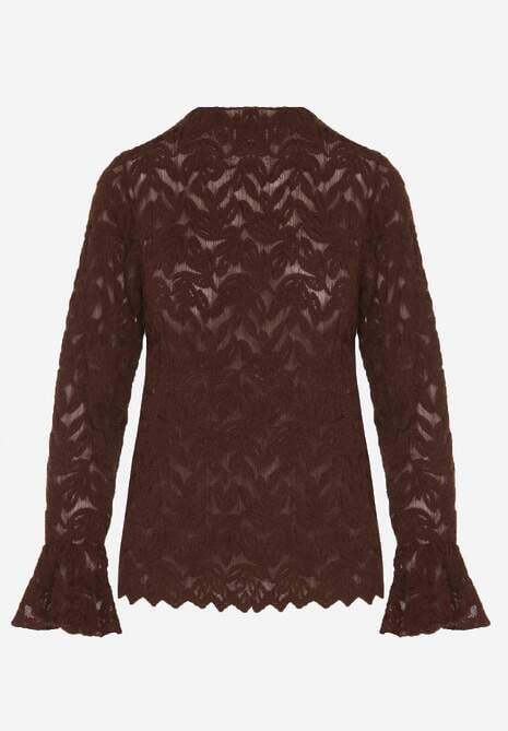 Brązowa Bluzka z Koronki ze Stójką i Falbankami przy Rękawach Nemira 6