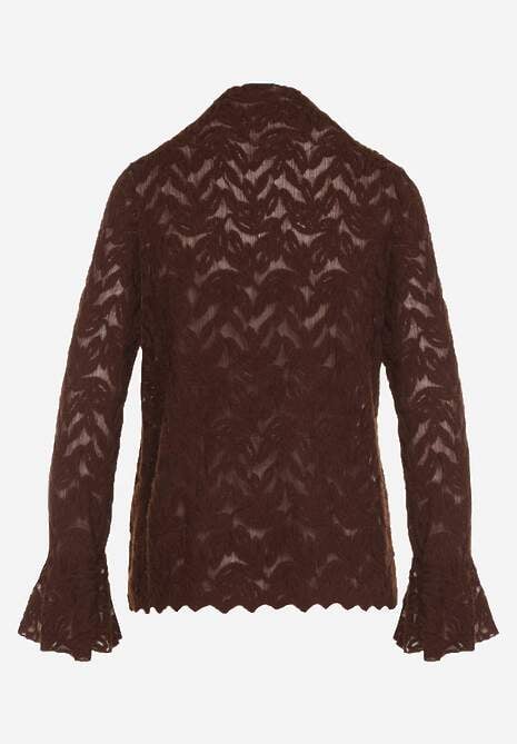 Brązowa Bluzka z Koronki ze Stójką i Falbankami przy Rękawach Nemira 7