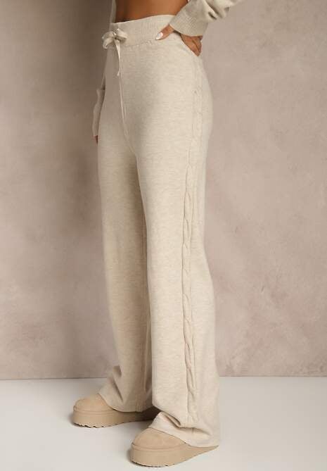 Jasnobeżowy Dzianinowy Komplet z Wełną Spodnie Wide Leg i Sweter Cropped Nezera 4