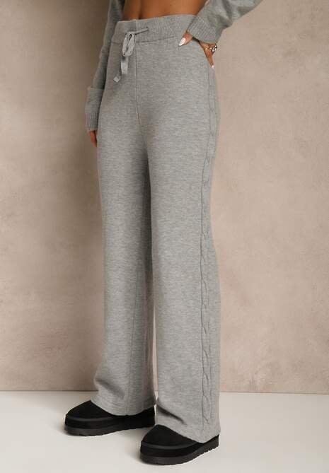 Szary Dzianinowy Komplet z Wełną Spodnie Wide Leg i Sweter Cropped Nezera 5