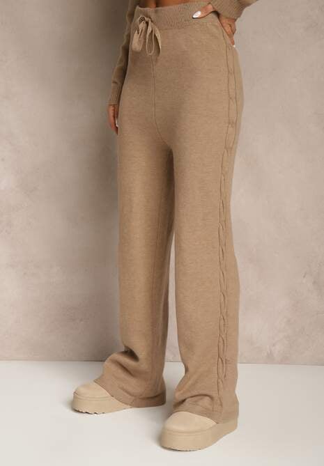 Ciemnobeżowy Dzianinowy Komplet z Wełną Spodnie Wide Leg i Sweter Cropped Nezera 4
