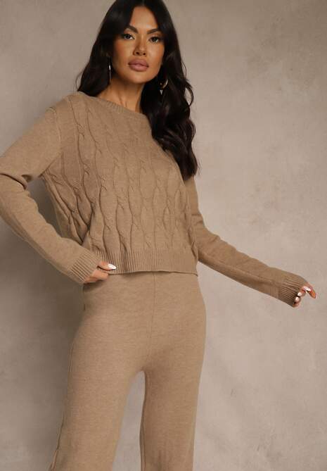 Ciemnobeżowy Dzianinowy Komplet z Wełną Spodnie Wide Leg i Sweter Cropped Nezera 5