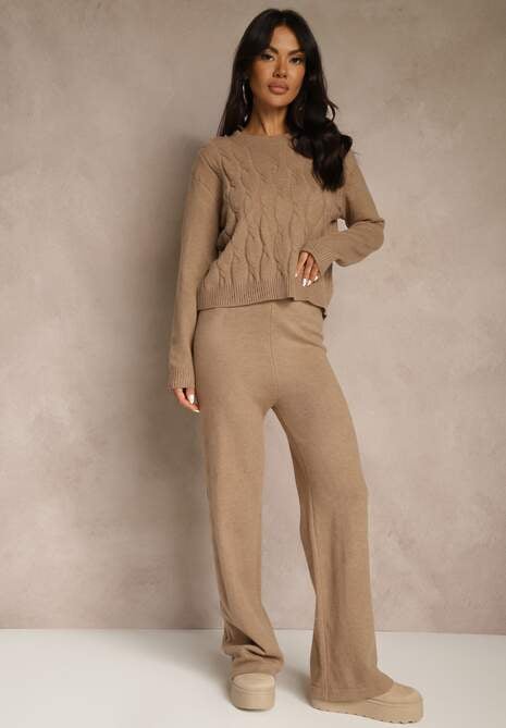 Ciemnobeżowy Dzianinowy Komplet z Wełną Spodnie Wide Leg i Sweter Cropped Nezera