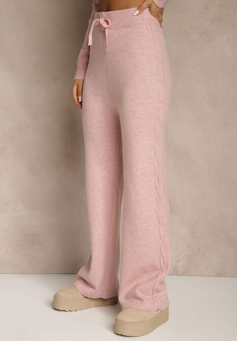 Jasnoróżowy Dzianinowy Komplet z Wełną Spodnie Wide Leg i Sweter Cropped Nezera 4