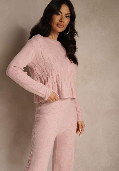 Jasnoróżowy Dzianinowy Komplet z Wełną Spodnie Wide Leg i Sweter Cropped Nezera 5