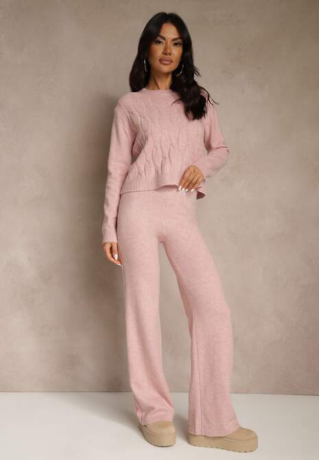 Jasnoróżowy Dzianinowy Komplet z Wełną Spodnie Wide Leg i Sweter Cropped Nezera