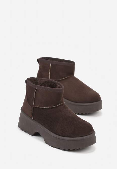Ciemnobrązowe Śniegowce z Imitacji Zamszu o Wsuwanym Fasonie na Platformie Reilessa 5