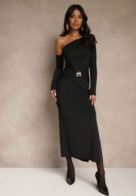 Czarna Sukienka z Wiskozą Aplikacją Marszczeniem i Wywiniętym Dekoltem Reilenna
