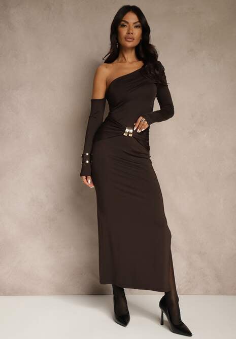 Brązowa Sukienka z Wiskozą Aplikacją Marszczeniem i Wywiniętym Dekoltem Reilenna 4