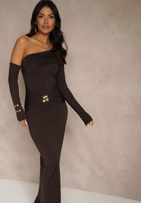 Brązowa Sukienka z Wiskozą Aplikacją Marszczeniem i Wywiniętym Dekoltem Reilenna